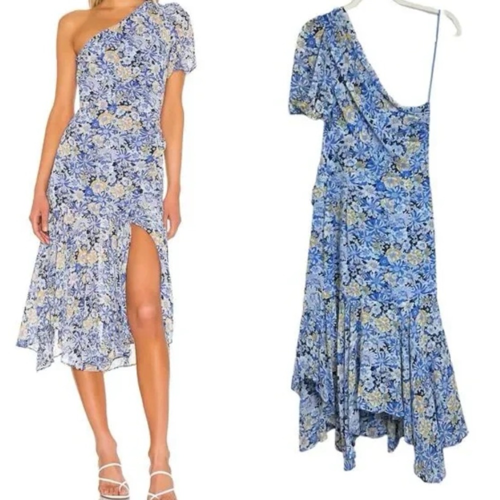 ASTR The Label one shoulder blue floral midi cocktail dress